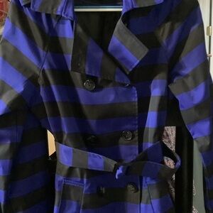 Cynthia Rowley‎ Double breasted Black and Blue Striped Trench Coat, L